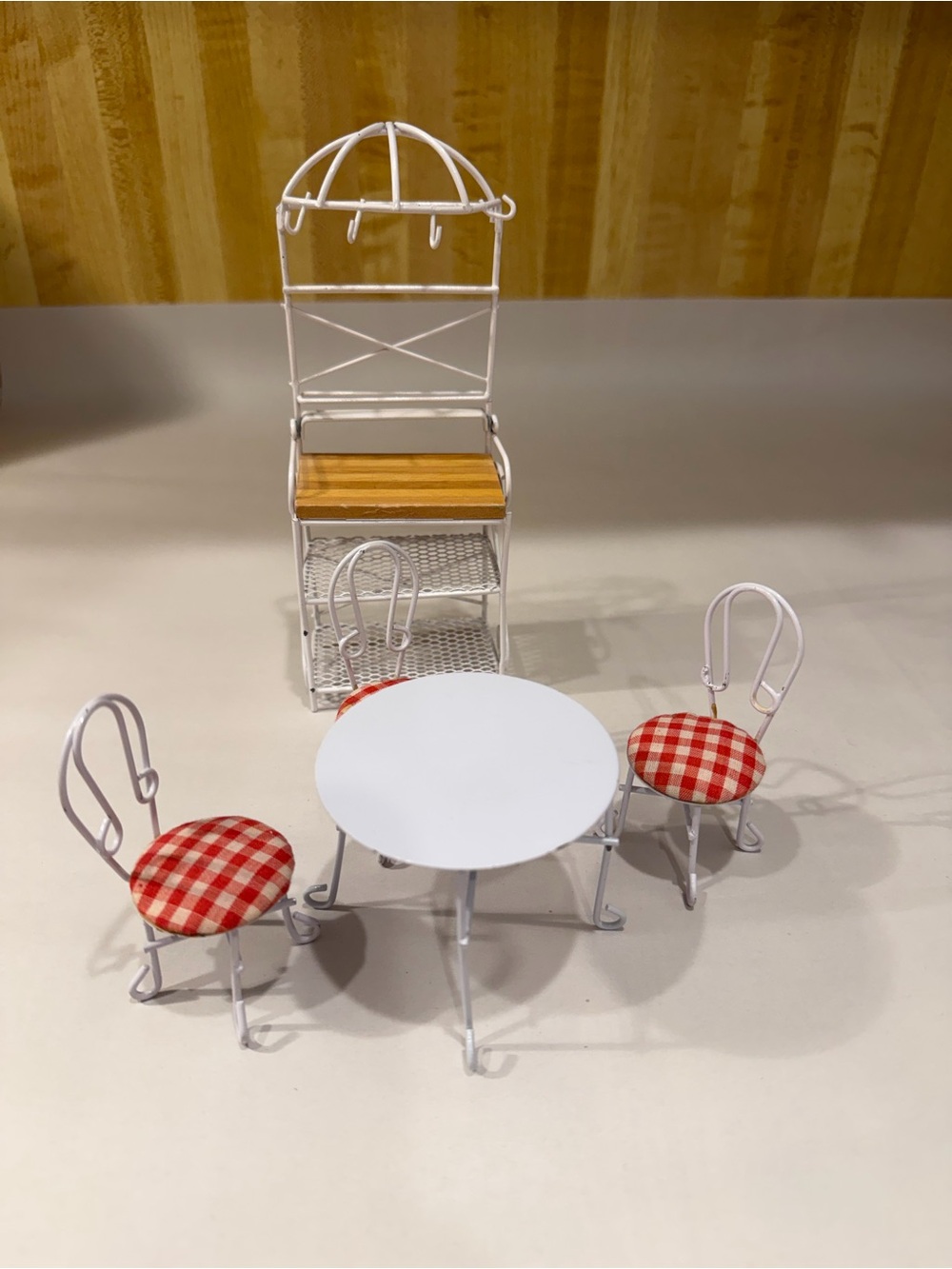 Vintage White Metal Bistro Table and Red Plaid Seat Chairs - Home Dining Set